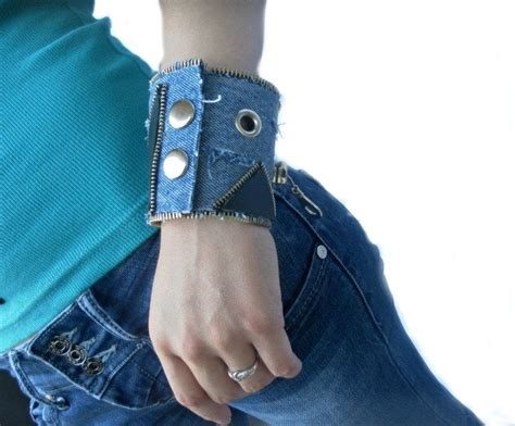 Cuff Denim Bracelet Recycled Blue Jeans Zipper And Black Etsy Denim