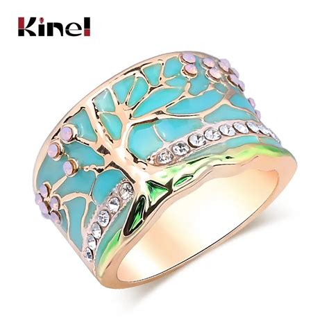 Kinel Hot Lucky Flower Tree Rings Fashion Gold Pink Opal Green Enamel Wide Ring For Woman