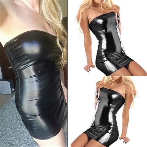 Sexy Wetlook Bandeau Mini Stretch Kleid Gogo Minikleid Lack Leder Optik Xs S M Ebay