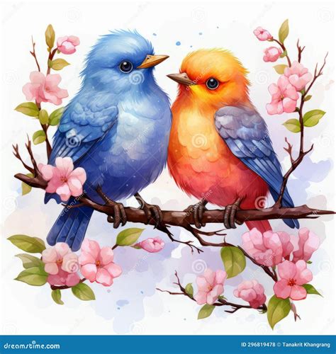 Watercolor Couple Of Bird On A Branch With Blossom Flower Isolated On