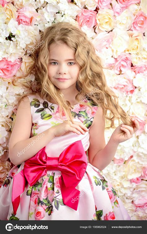 Portrait Cute Little Girl Beautiful Summer Dress Blonde