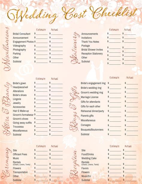 $3,000 for help with the details leading up to and the day of the wedding photography: Free Printable - Wedding Cost Checklist | Wedding cost checklist, Wedding checklist budget ...