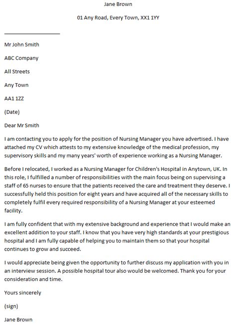 Nursing Manager Cover Letter Example