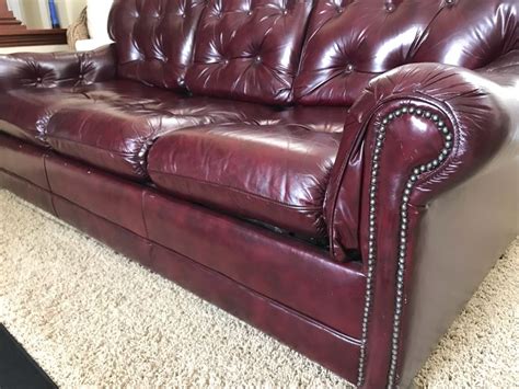 Burgundy Tufted Leather Sleeper Sofa Couch With Brass Nailhead Trim