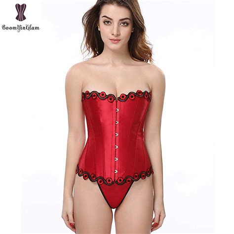 satin red corset overbust sexy women korset bustier waisttrainer red embroidery elastic bone