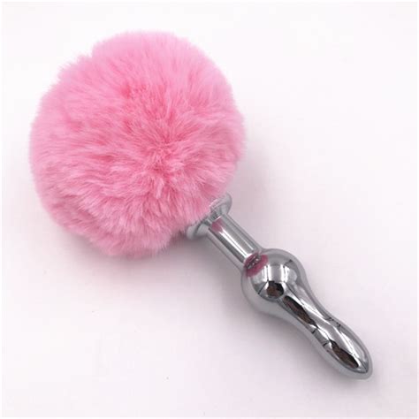 2 Size Anal Plug Pompon Stainless Steel Butt Stopper Pink Rabbit Tail