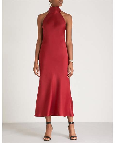 galvan london sienna halterneck satin midi dress in red lyst