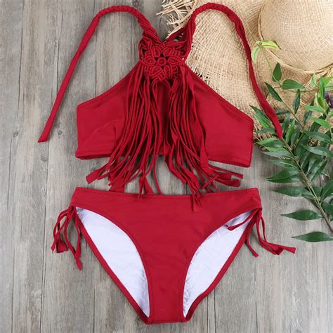 Red High Neck Bikini Set Swimwear Beach Women Crochet Push Up My Xxx Hot Girl