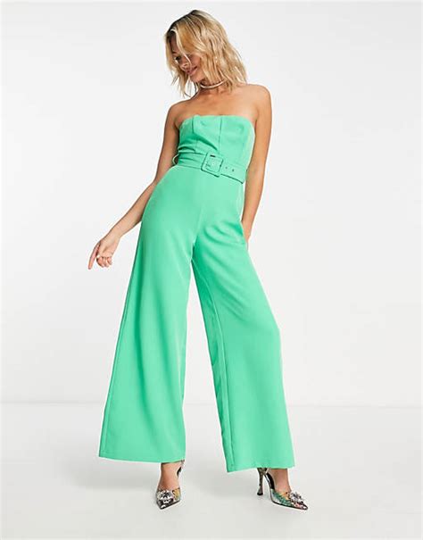 Asos Design Tailored Bandeau Belted Wide Leg Jumpsuit In Green Asos