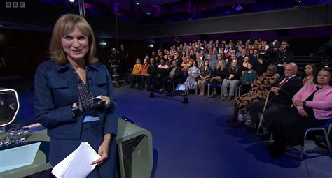 bbc ‘question time presenter fiona bruce hosts with black eye and sling