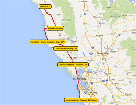 Koa Campgrounds California Coast Map