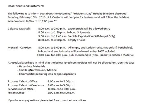 Presidents Day Holiday Schedule Rl Jones Customhouse Brokers Inc