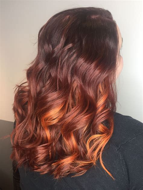 Deep Rich Curly Fall Hair Sunset Hair Color Red With Copper Balayage Highlights Ombre Hair