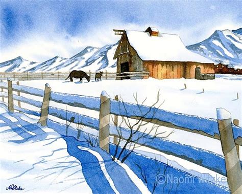 Snowy Winter Barn Watercolor Art Print Watercolor Barn With Etsy