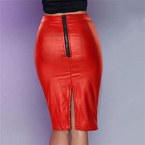 Red Faux Leather Skirts Ladies Midi Pu Pencil Skirt Women Summer High Waist Skirts Womens