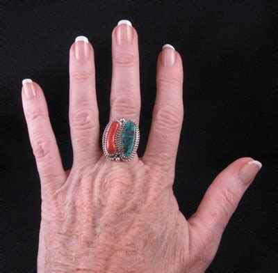 Native American Turquoise Coral Silver Ring Sz Gene Martha
