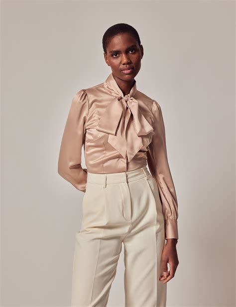 Women S Taupe Fitted Satin Blouse Pussy Bow