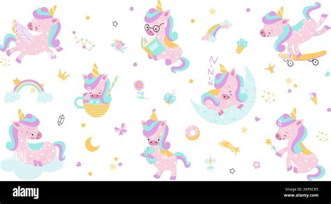 Cute Unicorn Magic Characters Isolated Unicorns Cartoon Stickers