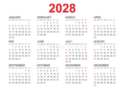 Kalender 2028 Sjabloonvector Eenvoudige Minimale Ontwerpplanner 2028