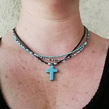 Boho Turquoise Cross Necklace Turquoise Crucifix Layering Leather