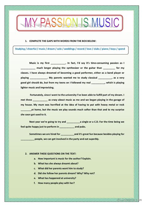 Music Is My Passion Reading For Deta English Esl Worksheets Pdf And Doc