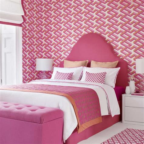 Hot Pink Bedroom With Geometric Wallpaper And Ottoman Pink Bedrooms