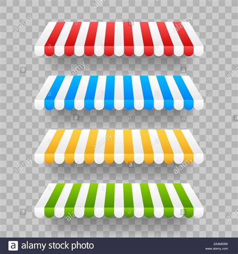 Colored Striped Awnings Set For Shop Restaurants And Market Store On