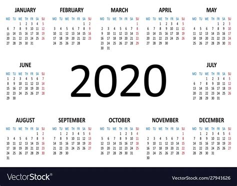 Yearly Calendar 2020 Week Starts From Monday Vector Image On