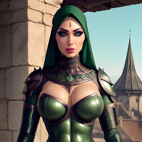 Sexy Hijab Babe With Abs With Sexy Medieval Armor And Green Eyes Arthub Ai