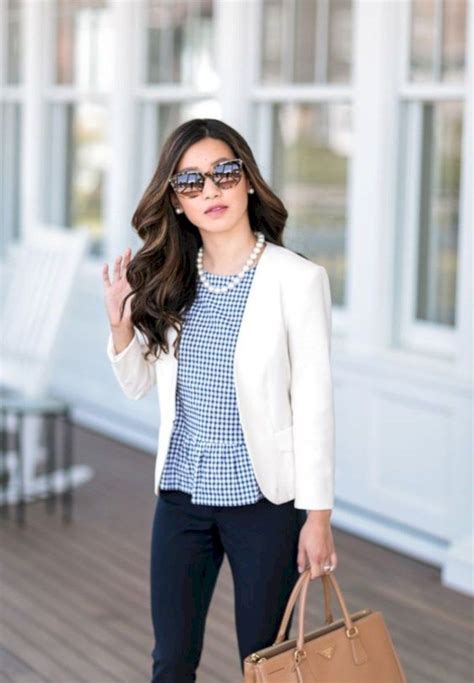 White Blazer Navy Pants Office Casual Outfit Casual Office Attire