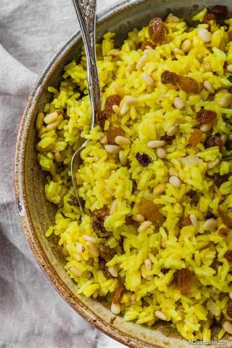 It is rich in nutrients and fibre, which aids digestion and good for health. Turmeric Rice with Golden Raisins and Pine Nuts | A Clean Bake
