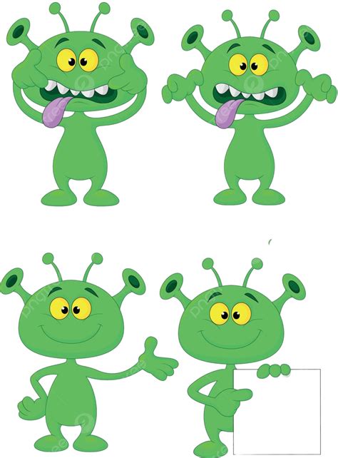 Cute Green Alien Cartoon Collection Set Illustration Smile Recreation Vector Illustration