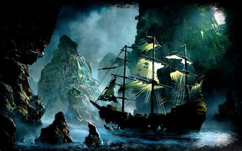 Framed Print Weather Battered Pirate Ship In A Cave Picture Poster