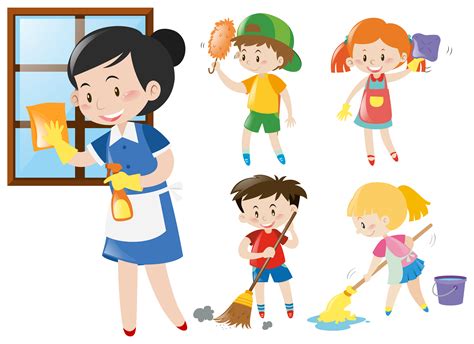 Maid And Kids Doing Chores 369035 Vector Art At Vecteezy