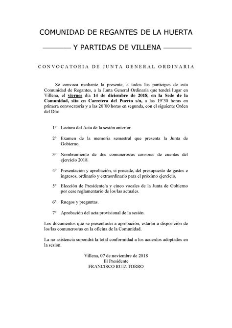 Convocatoria Junta General Ordinaria 14122018 Comunidad De Regantes