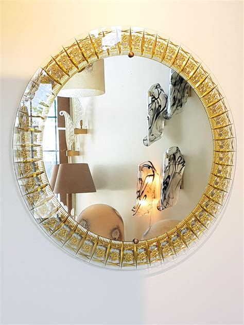 Round Mid Century Modern Mirror Glass Gold Carved Frame By Cristal