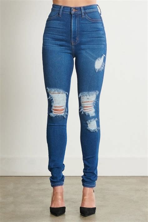 Vibrant High Waisted Distressed Skinny Jeans Medium Denim