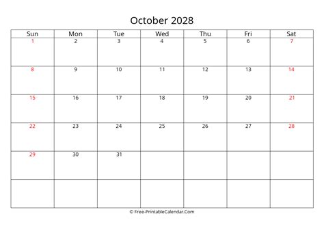 Free Printable Calendar October 2028 Weeks Start On Sunday
