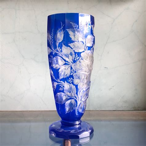 Large Bohemian Blue Overlay Glass Vase Superbly Cut With Flowers C 1880 Moorabool Antiques