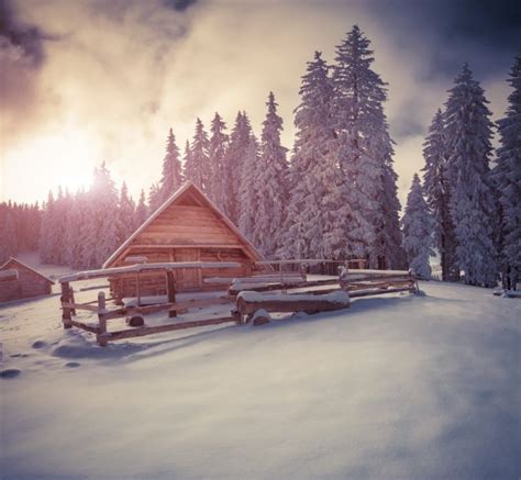 Cabin Winter Snow Landscape Trees Snow Wallpapers Hd Desktop And