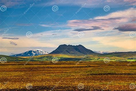 Icelandic Colorful Landscape On Iceland With Volcanoes At Sunset Stock