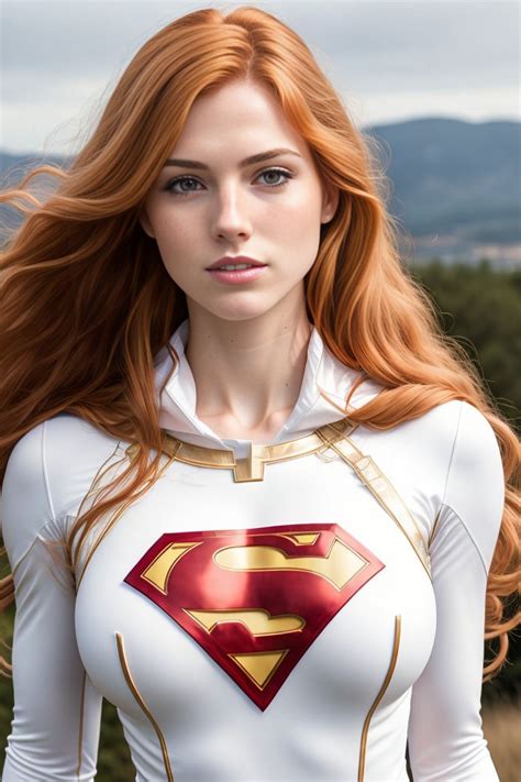 A Woman With Red Hair Wearing A White Superman Suit