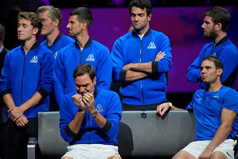 tennis roger federer can t stop crying during farewell speech after losing alongside rafael