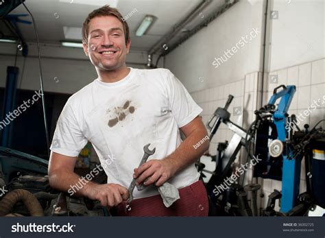 Happy Car Mechanic Standing Wrench Tool Stock Photo 36002725 Shutterstock