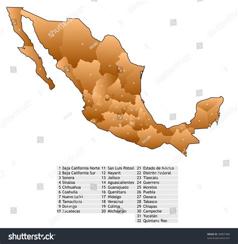 Mexico Map Names States Stock Vector 36897406 Shutterstock