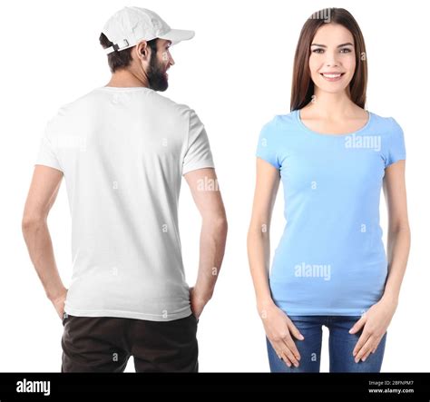 Young People In Stylish T Shirts On White Background Front And Back