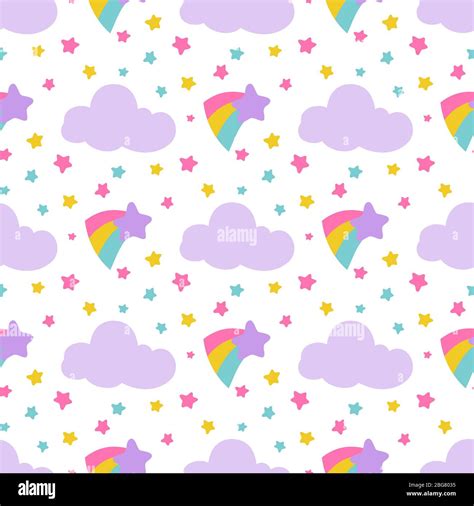 Cute Baby Seamless Pattern With Stars Clouds Rainbow Colored Vector