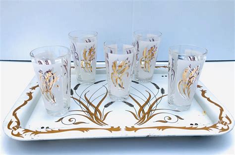 Vintage Mcm Drinking Glasses Metallic Gold Wheat And White Etsy