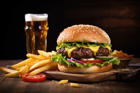 Premium Ai Image Burger Fries Beer On Wooden Table