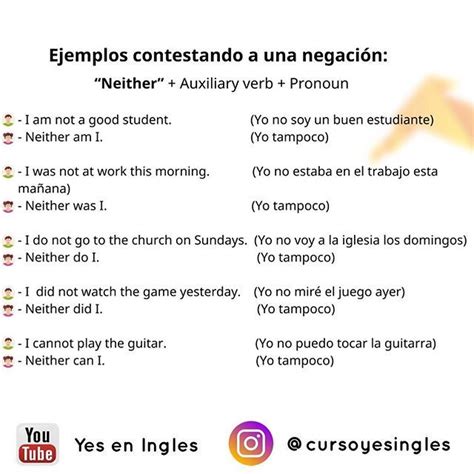 ejemplos de acuerdo con oraciones negativas neither auxiliary verb pronoun lección completa en